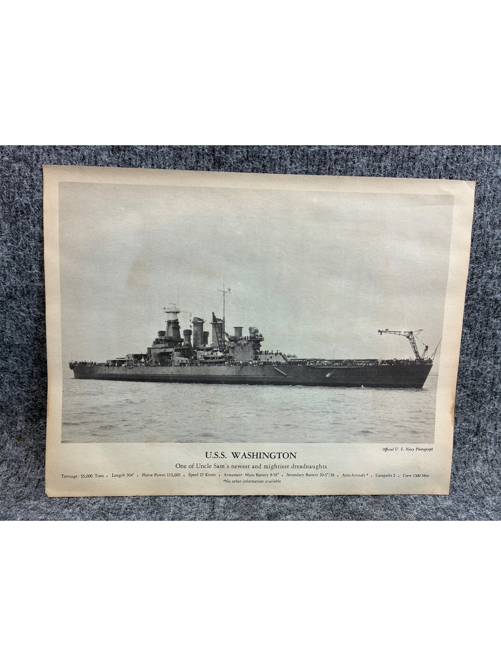 Vtg Official U.S. Navy Photograph of U.S.S. Washington Dreadnought Battleship